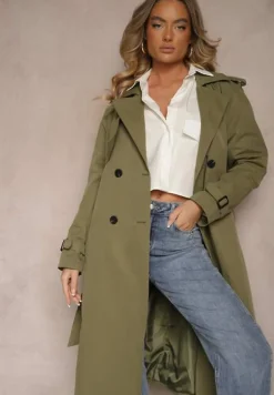 Ciemnozielony Klasyczny Płaszcz Trencz z Wiskozą o Dwurzędowym Kroju z Paskiem Mokaia