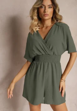 Ciemnozielony Kombinezon Kopertowy z Gumką w Pasie Fandrea