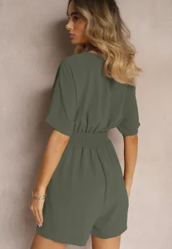 Ciemnozielony Kombinezon Kopertowy z Gumką w Pasie Fandrea