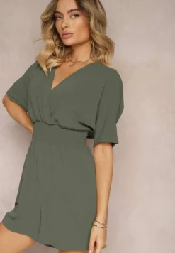 Ciemnozielony Kombinezon Kopertowy z Gumką w Pasie Fandrea