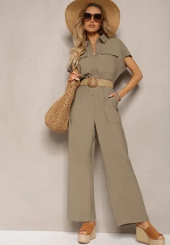 Ciemnozielony Kombinezon w Stylu Utility z Koszulową Górą i Plecionym Paskiem Dexara