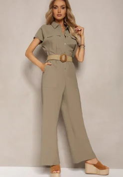 Ciemnozielony Kombinezon w Stylu Utility z Koszulową Górą i Plecionym Paskiem Dexara