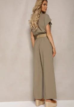 Ciemnozielony Kombinezon w Stylu Utility z Koszulową Górą i Plecionym Paskiem Dexara