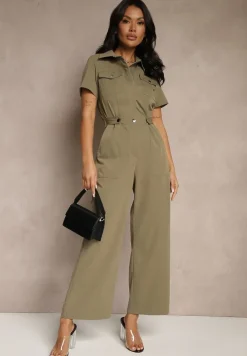 Ciemnozielony Kombinezon Wide Leg z Kołnierzykiem Suwakiem i Krótkim Rękawem Jenaralitia