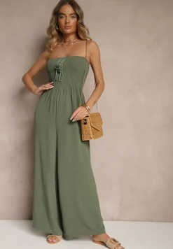 Ciemnozielony Kombinezon Bandeau z Szeroką Nogawką Zdobiony Frędzlami Dovaira