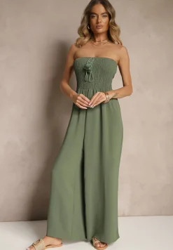 Ciemnozielony Kombinezon Bandeau z Szeroką Nogawką Zdobiony Frędzlami Dovaira