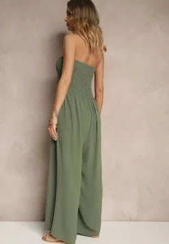 Ciemnozielony Kombinezon Bandeau z Szeroką Nogawką Zdobiony Frędzlami Dovaira