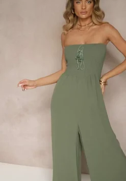 Ciemnozielony Kombinezon Bandeau z Szeroką Nogawką Zdobiony Frędzlami Dovaira