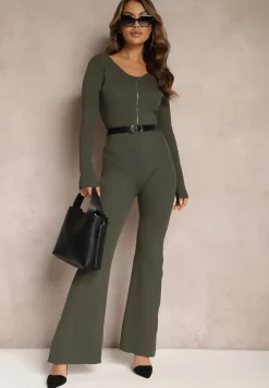 Ciemnozielony Kombinezon Bodycon z Prążkowanej Wiskozy ze Spodniami Typu Dzwony i Suwakiem Lavirna