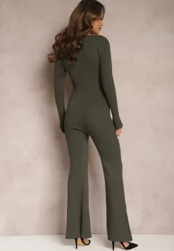 Ciemnozielony Kombinezon Bodycon z Prążkowanej Wiskozy ze Spodniami Typu Dzwony i Suwakiem Lavirna