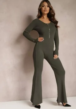 Ciemnozielony Kombinezon Bodycon z Prążkowanej Wiskozy ze Spodniami Typu Dzwony i Suwakiem Lavirna