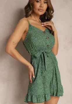 Ciemnozielony Kombinezon z Bawełny na Regulowanych Ramiączkach z Paskiem i Gumką w Talii Belladream