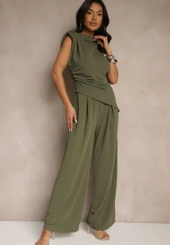 Ciemnozielony Komplet Bluzka z Poduszkami w Ramionach i Proste Spodnie z Gumką w Pasie Divanes