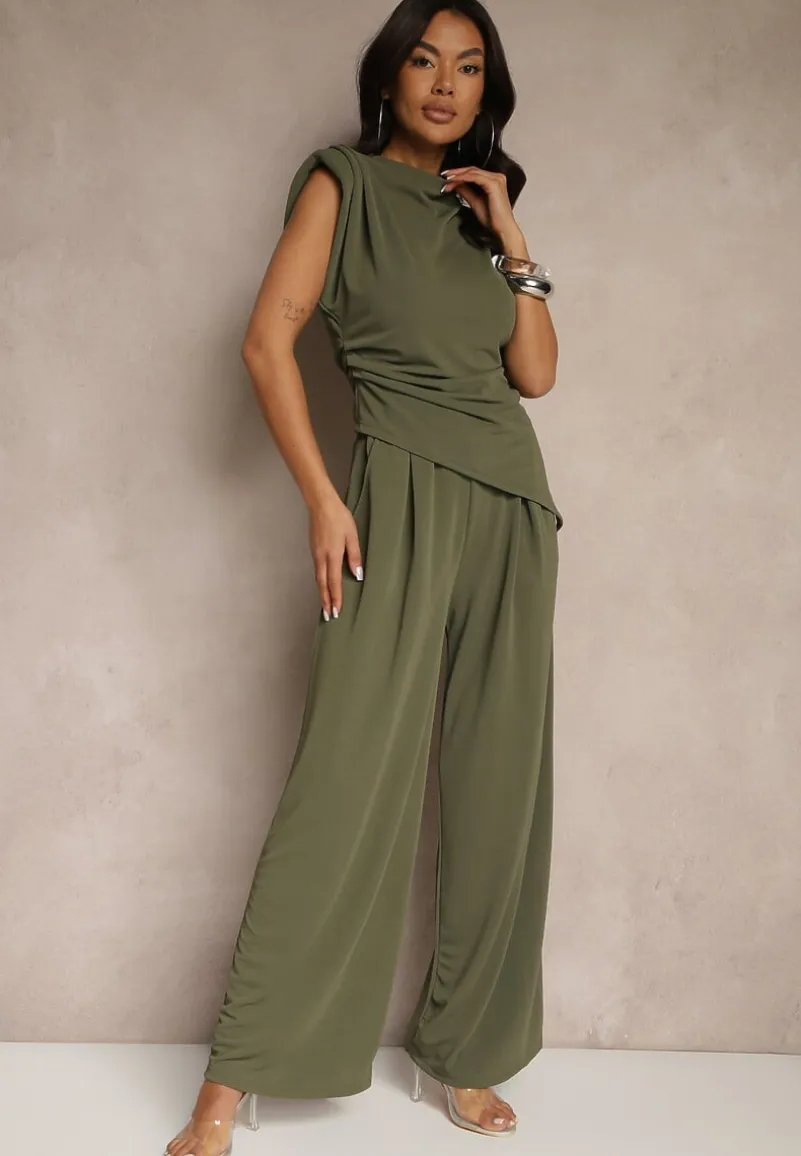 Ciemnozielony Komplet Bluzka z Poduszkami w Ramionach i Proste Spodnie z Gumką w Pasie Divanes