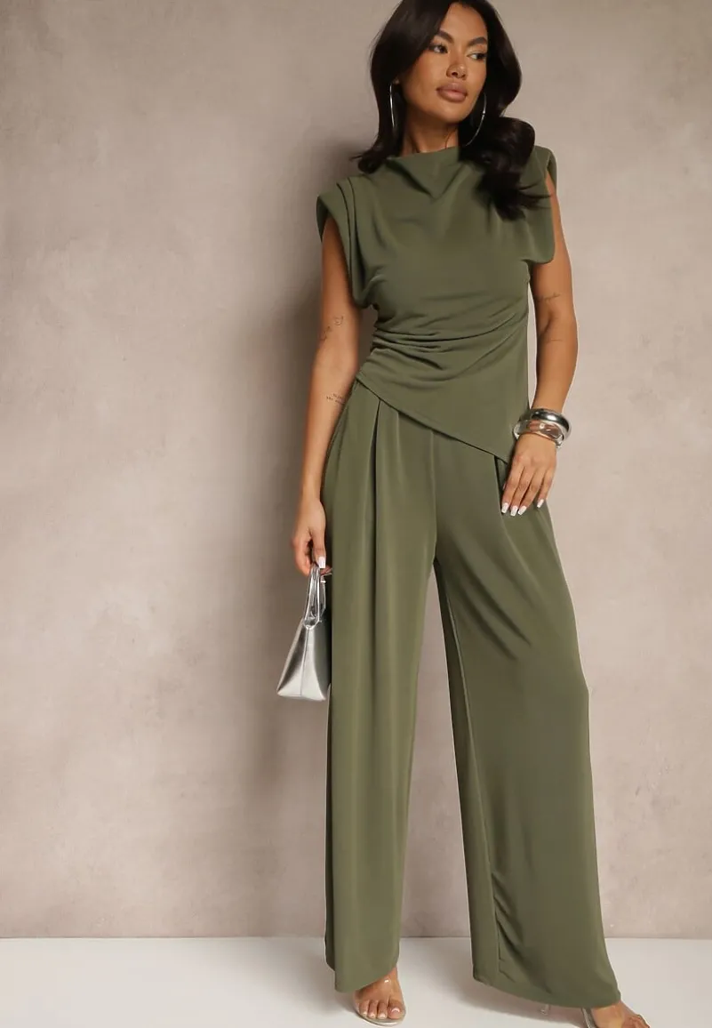 Ciemnozielony Komplet Bluzka z Poduszkami w Ramionach i Proste Spodnie z Gumką w Pasie Divanes