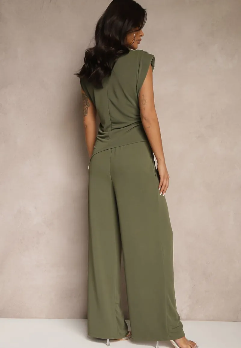 Ciemnozielony Komplet Bluzka z Poduszkami w Ramionach i Proste Spodnie z Gumką w Pasie Divanes