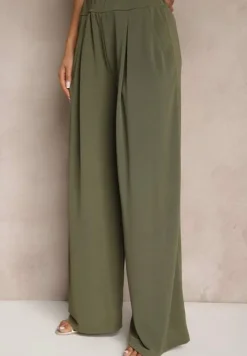 Ciemnozielony Komplet Bluzka z Poduszkami w Ramionach i Proste Spodnie z Gumką w Pasie Divanes