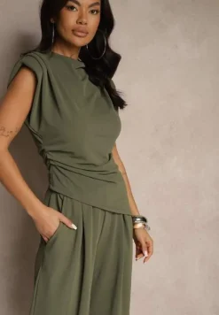 Ciemnozielony Komplet Bluzka z Poduszkami w Ramionach i Proste Spodnie z Gumką w Pasie Divanes