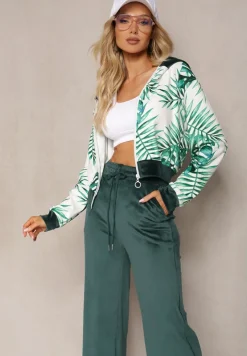 Ciemnozielony Komplet Dresowy Welurowy Bluza z Kapturem i Florystycznym Printem oraz Szerokie Luźne Spodnie Raiantise