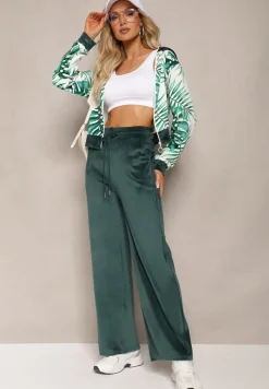 Ciemnozielony Komplet Dresowy Welurowy Bluza z Kapturem i Florystycznym Printem oraz Szerokie Luźne Spodnie Raiantise
