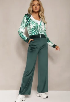 Ciemnozielony Komplet Dresowy Welurowy Bluza z Kapturem i Florystycznym Printem oraz Szerokie Luźne Spodnie Raiantise