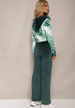 Ciemnozielony Komplet Dresowy Welurowy Bluza z Kapturem i Florystycznym Printem oraz Szerokie Luźne Spodnie Raiantise