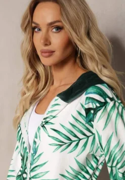 Ciemnozielony Komplet Dresowy Welurowy Bluza z Kapturem i Florystycznym Printem oraz Szerokie Luźne Spodnie Raiantise