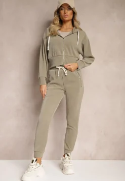 Ciemnozielony Komplet Dresowy z Dodatkiem Bawełny Spodnie z Gumką w Talii Bluza z Kapturem Sesaria