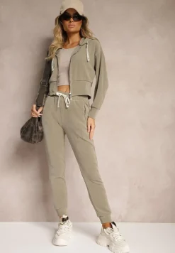Ciemnozielony Komplet Dresowy z Dodatkiem Bawełny Spodnie z Gumką w Talii Bluza z Kapturem Sesaria