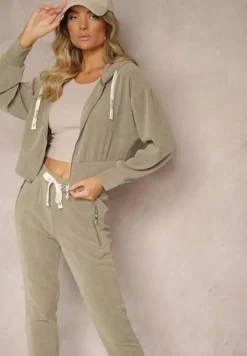 Ciemnozielony Komplet Dresowy z Dodatkiem Bawełny Spodnie z Gumką w Talii Bluza z Kapturem Sesaria