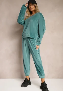 Ciemnozielony Komplet Dresowy z Weluru Luźna Bluza z Dekoltem w V i Elastyczne Spodnie z Kieszeniami Esparkia