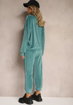 Ciemnozielony Komplet Dresowy z Weluru Luźna Bluza z Dekoltem w V i Elastyczne Spodnie z Kieszeniami Esparkia