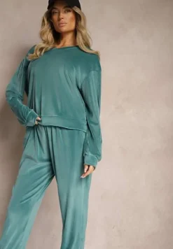 Ciemnozielony Komplet Dresowy z Weluru Luźna Bluza z Dekoltem w V i Elastyczne Spodnie z Kieszeniami Esparkia