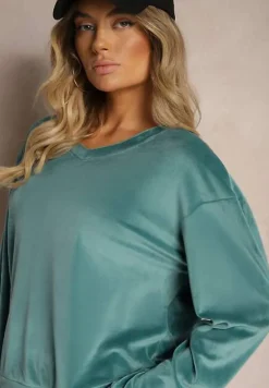 Ciemnozielony Komplet Dresowy z Weluru Luźna Bluza z Dekoltem w V i Elastyczne Spodnie z Kieszeniami Esparkia