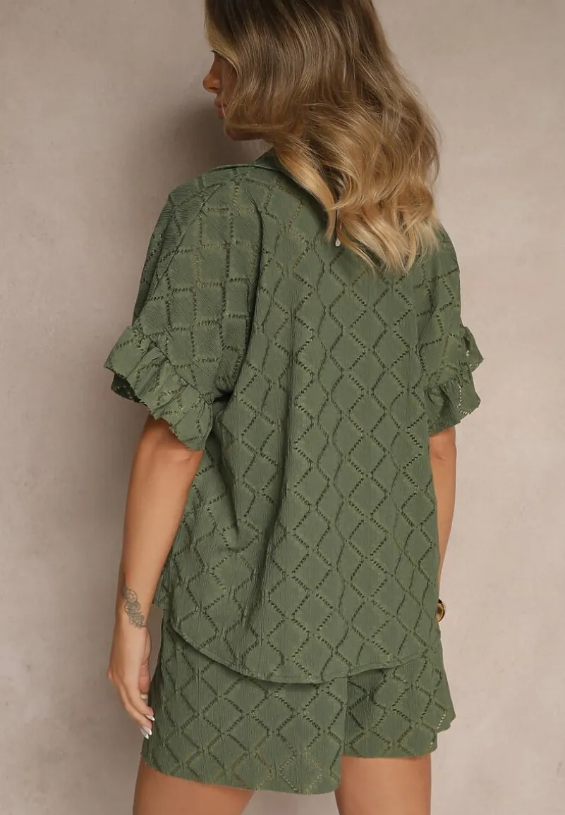 Ciemnozielony Komplet Krótkie Spodenki i Wiązana Koszula Fredefia