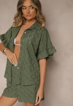 Ciemnozielony Komplet Krótkie Spodenki i Wiązana Koszula Fredefia