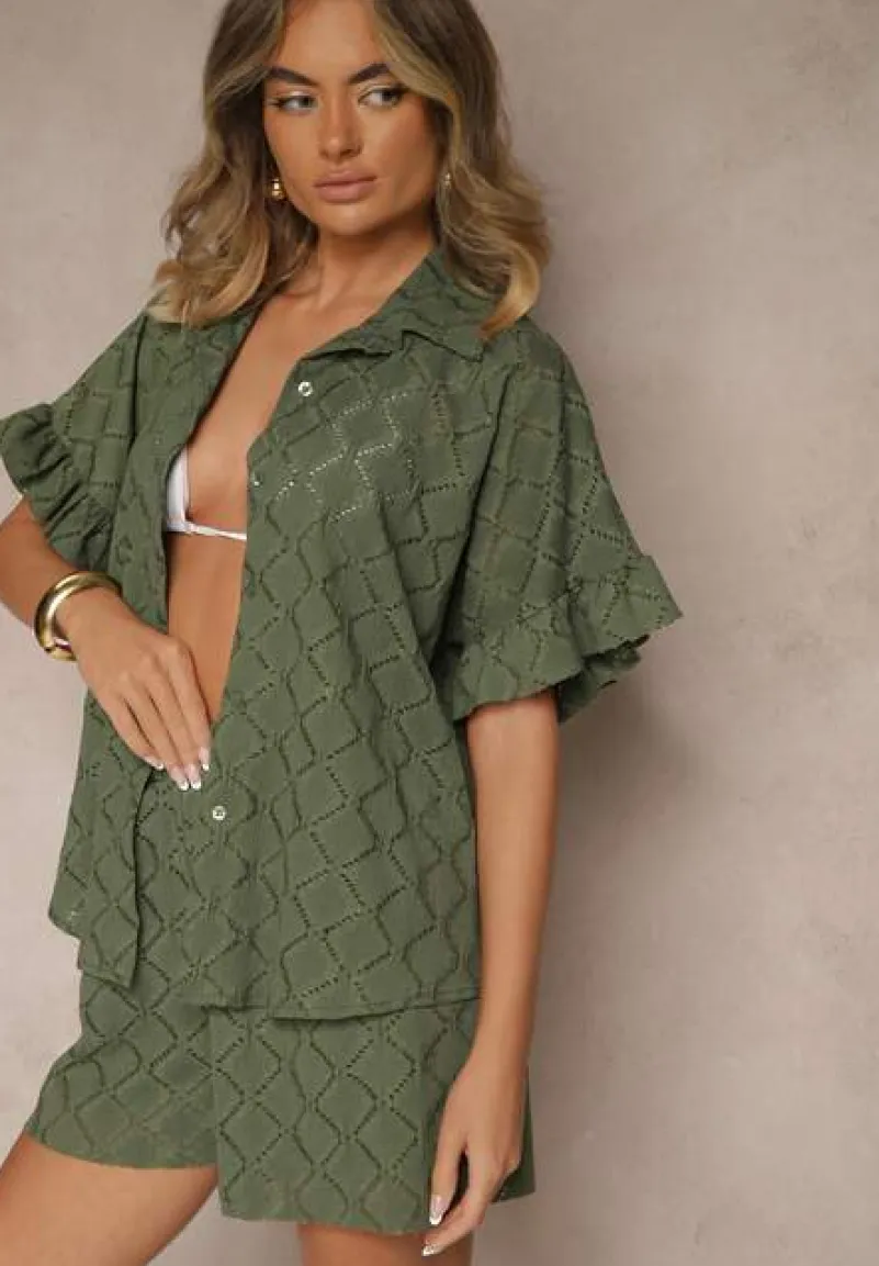 Ciemnozielony Komplet Krótkie Spodenki i Wiązana Koszula Fredefia