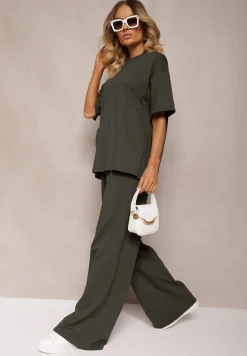Ciemnozielony Komplet z Bawełny Proste Szerokie Spodnie z Gumką w Pasie Bluzka z Rozcięciami Vimarases