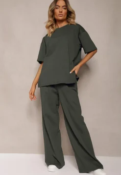 Ciemnozielony Komplet z Bawełny Proste Szerokie Spodnie z Gumką w Pasie Bluzka z Rozcięciami Vimarases