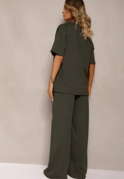 Ciemnozielony Komplet z Bawełny Proste Szerokie Spodnie z Gumką w Pasie Bluzka z Rozcięciami Vimarases