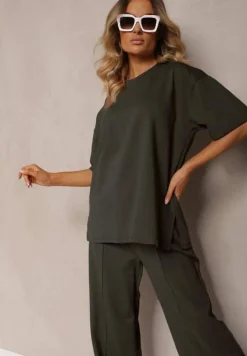 Ciemnozielony Komplet z Bawełny Proste Szerokie Spodnie z Gumką w Pasie Bluzka z Rozcięciami Vimarases