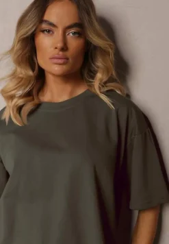 Ciemnozielony Komplet z Bawełny Proste Szerokie Spodnie z Gumką w Pasie Bluzka z Rozcięciami Vimarases