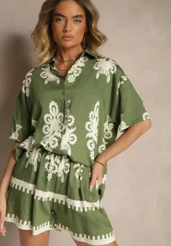 Ciemnozielony Komplet z Rustykalnym Wzorem z Szortami i Koszulą Tosnea