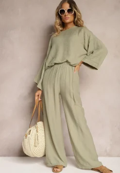 Ciemnozielony Komplet z Wiskozy Bluzka o Kroju Nietoperza i Szerokie Spodnie Qadrina