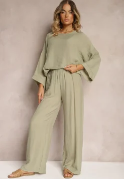 Ciemnozielony Komplet z Wiskozy Bluzka o Kroju Nietoperza i Szerokie Spodnie Qadrina