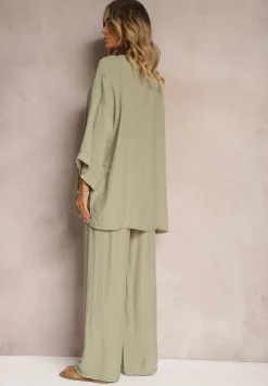 Ciemnozielony Komplet z Wiskozy Bluzka o Kroju Nietoperza i Szerokie Spodnie Qadrina