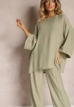Ciemnozielony Komplet z Wiskozy Bluzka o Kroju Nietoperza i Szerokie Spodnie Qadrina