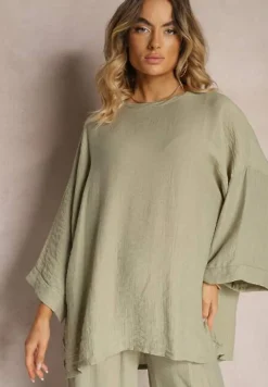 Ciemnozielony Komplet z Wiskozy Bluzka o Kroju Nietoperza i Szerokie Spodnie Qadrina