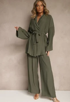 Ciemnozielony Komplet z Wiskozy Spodnie o Szerokim Kroju i Bluzka z Wiązaniem Livelia