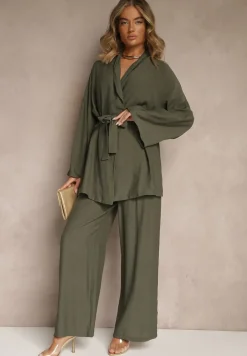 Ciemnozielony Komplet z Wiskozy Spodnie o Szerokim Kroju i Bluzka z Wiązaniem Livelia
